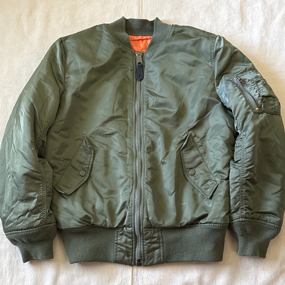 Alpha Industries MA-1 Bomber Jacket Green Orange Lined Zip Men's M